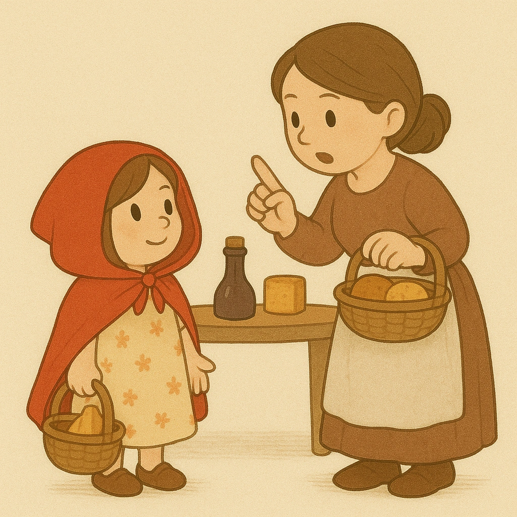 お母さんが赤ずきんちゃんに言いつける場面