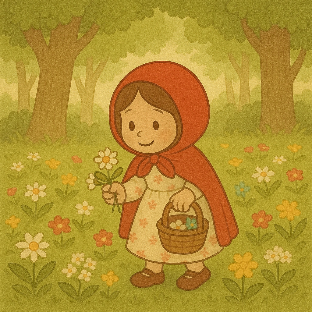 赤ずきんが花を摘む場面